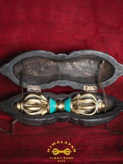 Vajra a 9 raggi Antico in Ottone con Custodia in Legno con Turchese
