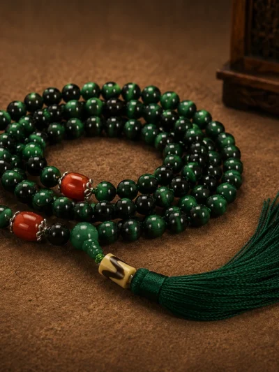 Mala tibetano originale da 108 grani in occhio di tigre verde con nappa.